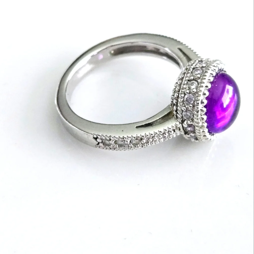 925 Sterling Silver Purple Gemstone Halo Statement Ring